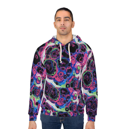Liquid Psychedelic Neon Cellular AOP Hoodie by Dyles Mavis — Abstract Maximalist Motif Pullover, Electric Nightscape Print, Festival Indie Artist Streetwear Statement