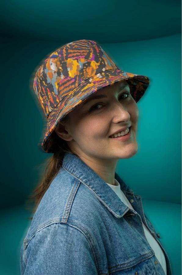 Toasted Marshmallow Campfire Bucket Hat - Abstract Organic Print Outdoor Hat for Glamping & Festivals by Aesthetic Rebellion