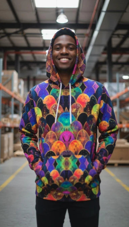 Rainbow Fish Primal Print Hoodie - Vibrant Aquatic Art Sweatshirt for Bold Streetwear by Aesthetic Rebellion