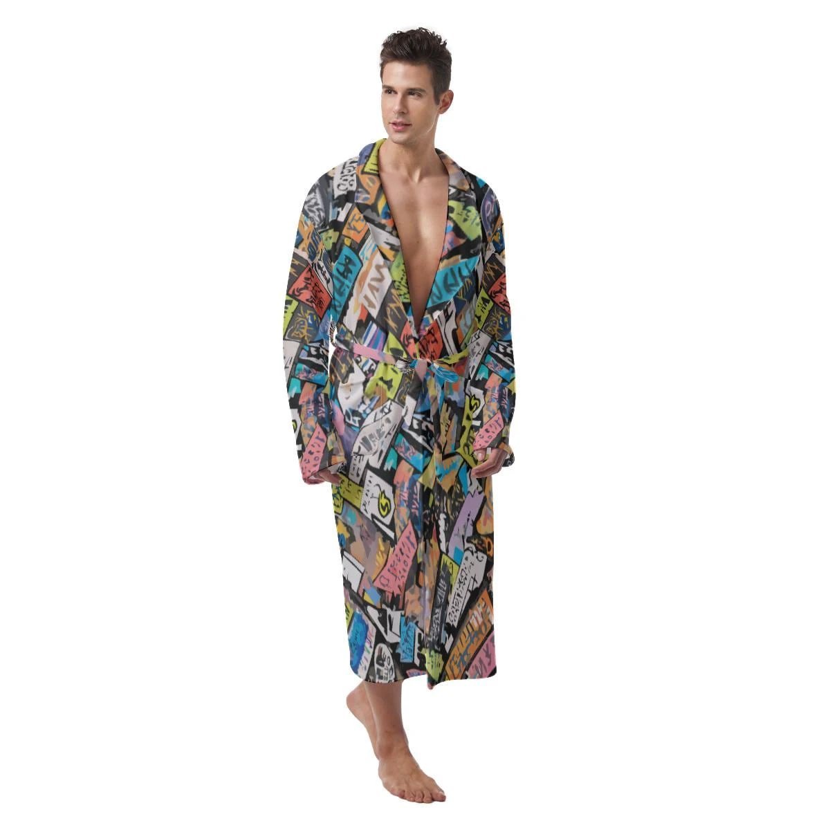 Bold Graffiti Tag Collage Bathrobe - Dark All Over Print Kimono Robe Neon Street Art - Aesthetic Rebellion