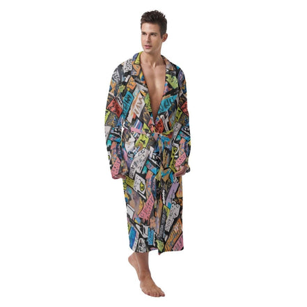 Bold Graffiti Tag Collage Bathrobe - Dark All Over Print Kimono Robe Neon Street Art - Aesthetic Rebellion