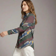 Modern Abstract Geometric Brushstroke Button-Up Blouse in Earthy Jewel Tones - Aesthetic Rebellion