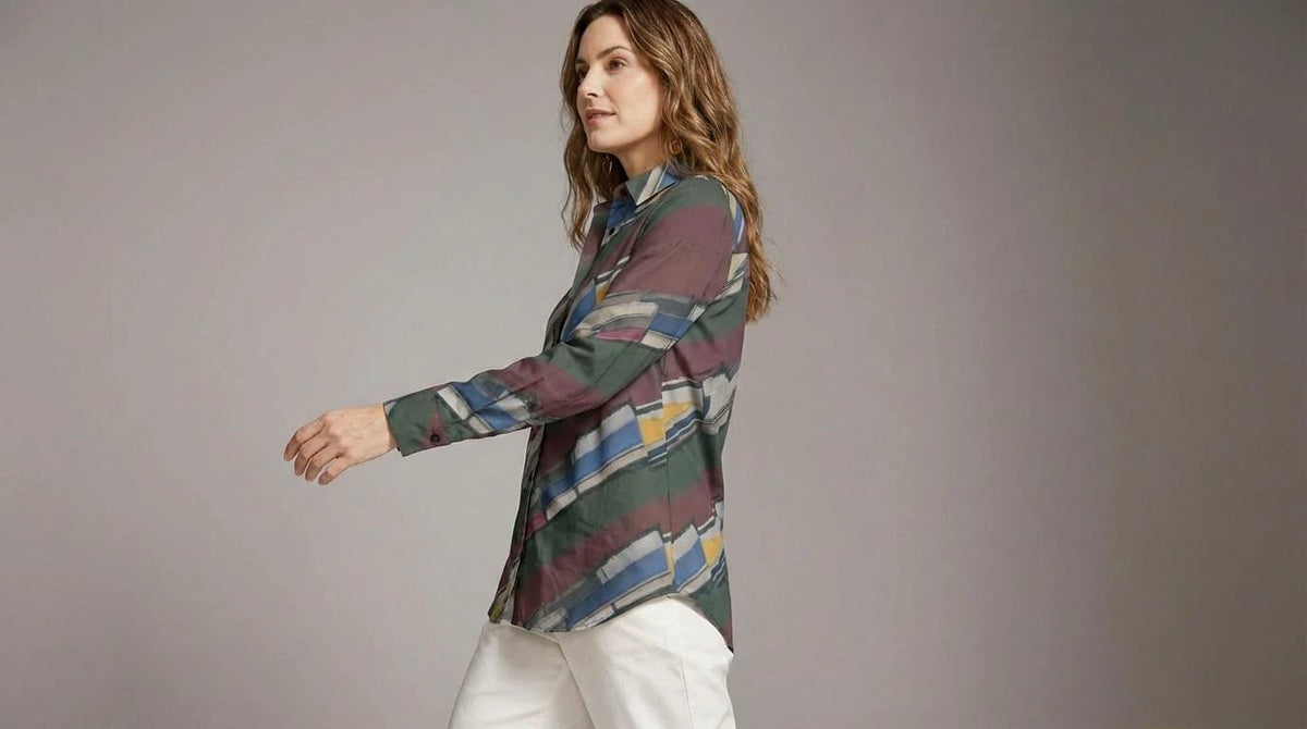Modern Abstract Geometric Brushstroke Button-Up Blouse in Earthy Jewel Tones - Aesthetic Rebellion