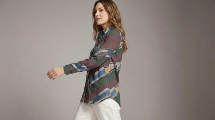 Modern Abstract Geometric Brushstroke Button-Up Blouse in Earthy Jewel Tones - Aesthetic Rebellion