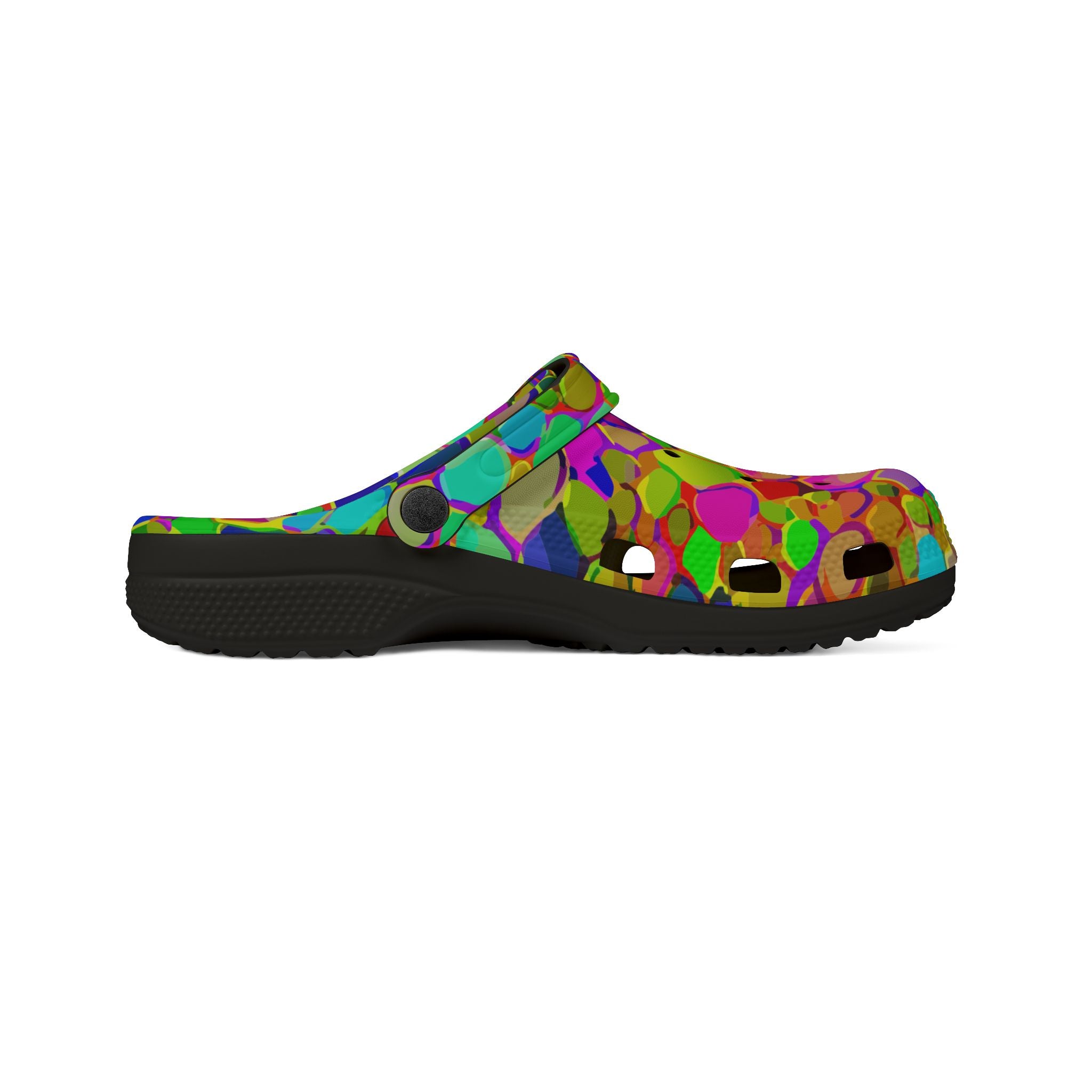 Colorful Mosaic EVA Clog Shoes for Playful Maximalists — Bold Tile-Print Foam Footwear, Anti-Slip Cushioned Sole, Festival Garden Errand Statement Clogs, Black or White Base
