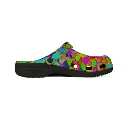 Colorful Mosaic EVA Clog Shoes for Playful Maximalists — Bold Tile-Print Foam Footwear, Anti-Slip Cushioned Sole, Festival Garden Errand Statement Clogs, Black or White Base