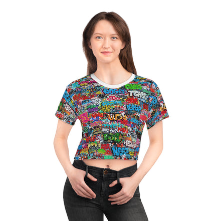 Graffiti Print Crop Tee for Colorful Urban Street Art Dressers — Bold AOP Hip-Hop Crop Top, Festival Party Summer Statement, Skater Youth Fashion Streetwear