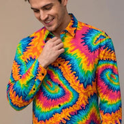 Vibrant Rainbow Psychedelic Tie Dye Button Up Shirt – Groovy Neon Swirl Casual Long Sleeve - Aesthetic Rebellion