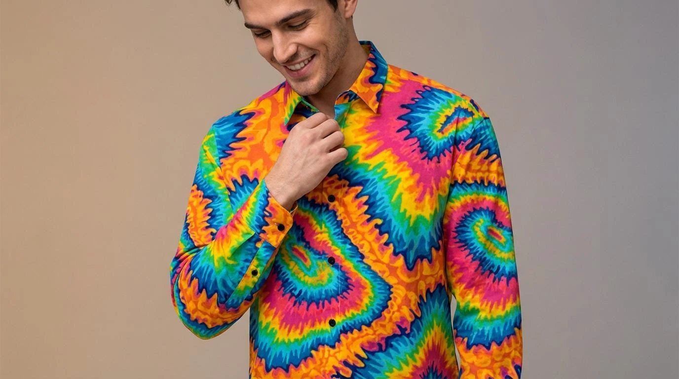 Vibrant Rainbow Psychedelic Tie Dye Button Up Shirt – Groovy Neon Swirl Casual Long Sleeve - Aesthetic Rebellion