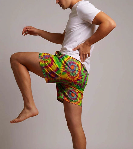 Neon Radial Burst Athletic Shorts - Vibrant Psychedelic Swim Trunks for Bikram Yoga & Rave Fitness by Aesthetic Rebellion