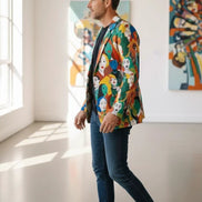 Urban Crowd Faces Designer Blazer - Bold All-Over Print Cotton Suit Jacket for Creatives by Aesthetic Rebellion