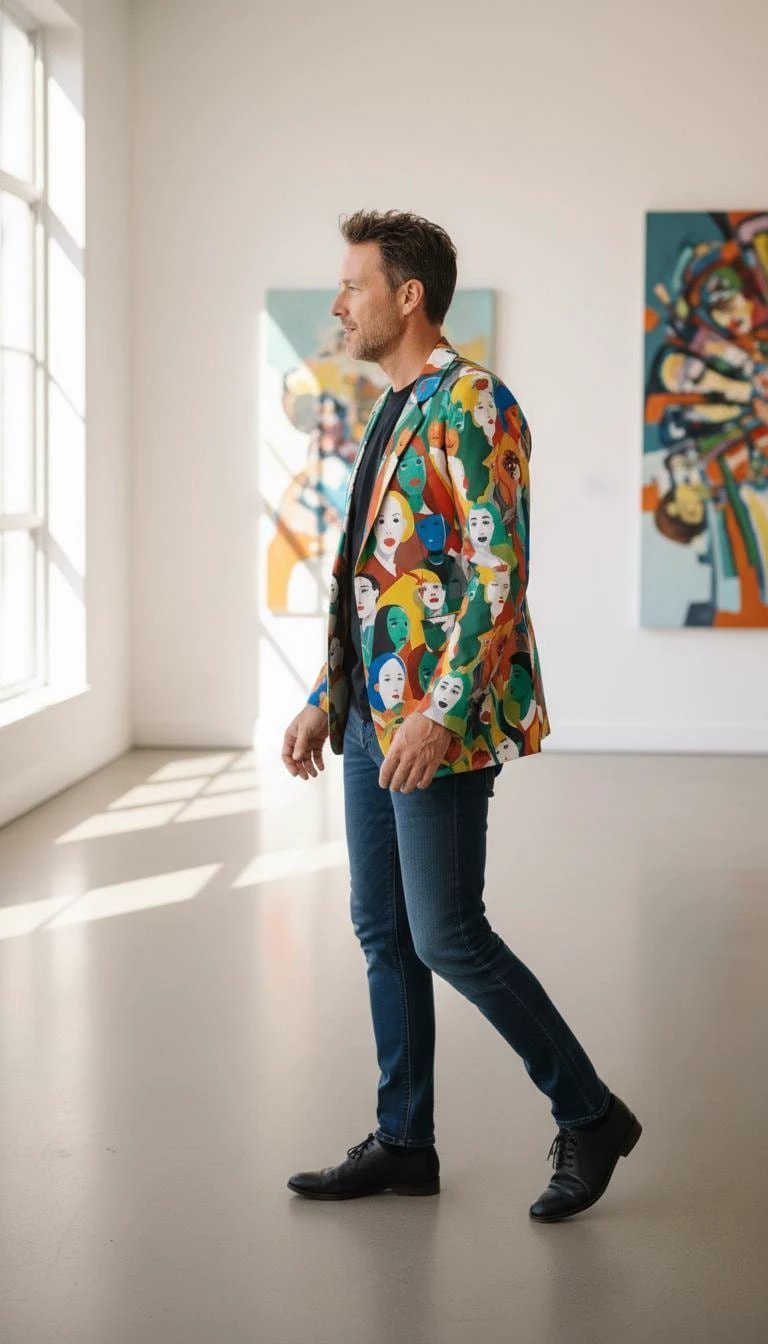 Urban Crowd Faces Designer Blazer - Bold All-Over Print Cotton Suit Jacket for Creatives by Aesthetic Rebellion
