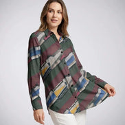 Modern Abstract Geometric Brushstroke Button-Up Blouse in Earthy Jewel Tones - Aesthetic Rebellion