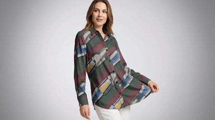 Modern Abstract Geometric Brushstroke Button-Up Blouse in Earthy Jewel Tones - Aesthetic Rebellion