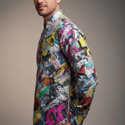 Maximalist Slub Cotton Dress Shirt for Main Characters — Vibrant Vigilante AOP Button-Down, Gallery Opening Menswear, Jazz Bar Outfit, Creative Director Uniform, Wearable Art