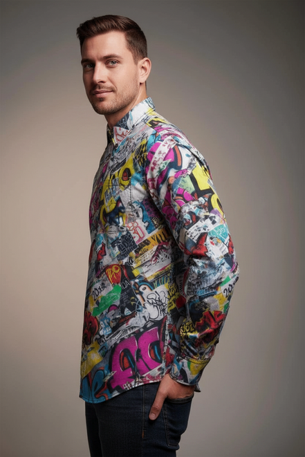 Maximalist Slub Cotton Dress Shirt for Main Characters — Vibrant Vigilante AOP Button-Down, Gallery Opening Menswear, Jazz Bar Outfit, Creative Director Uniform, Wearable Art