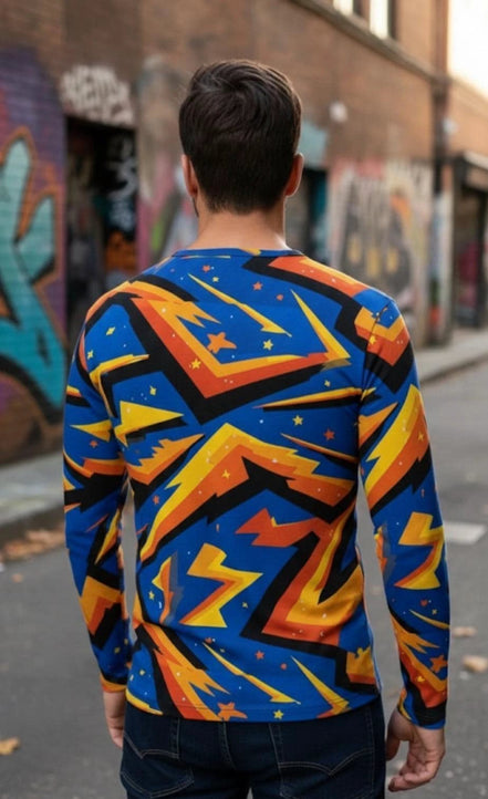 Men's Lightning Henley Shirt – Maximalist Cyberpunk Streetwear by Aesthetic Rebellion