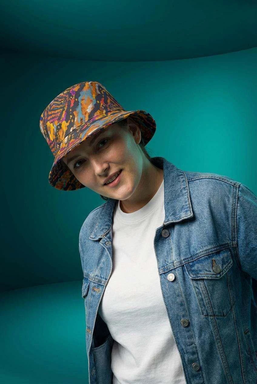 Toasted Marshmallow Campfire Bucket Hat - Abstract Organic Print Outdoor Hat for Glamping & Festivals by Aesthetic Rebellion