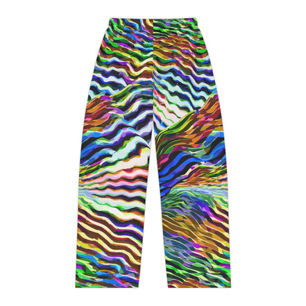 Wavy Stripe Pajama Pants for Vibrant Sleepwear Collectors — Jewel-Tone AOP Brushed Polyester, Elastic Waist Cozy Lounge, Women's Assembled in USA, Bold Lazy Day Bottoms