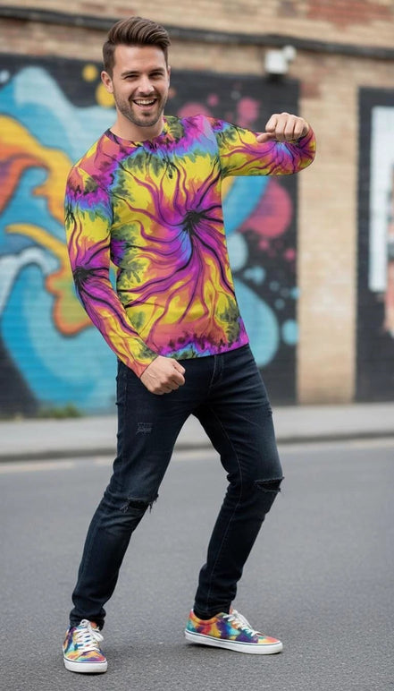 Cyber-Marble Men's Henley – Liquid Glitch Streetwear Top – Maximalist Long Sleeve Art Shirt by Aesthetic Rebellion