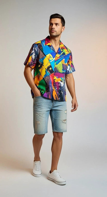 Trippy Tropics Vaporwave Hawaiian Shirt - Vibrational Vector AOP Button-Up for Cyber-Vacation & Festivals by Aesthetic Rebellion