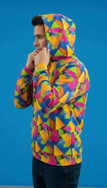 Vibrant Geometric Triangle Print Hoodie - Bold Maximalist Streetwear Pullover for Rave Style by Aesthetic Rebellion