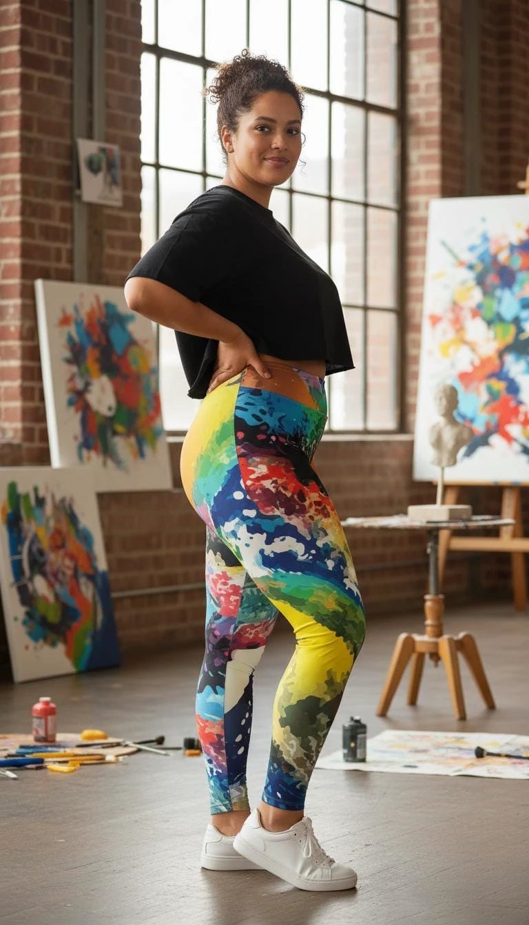 Abstract Expressionist Paint Splash Leggings - High-Waist Plus Size Tights for Bold Fitness by Aesthetic Rebellion