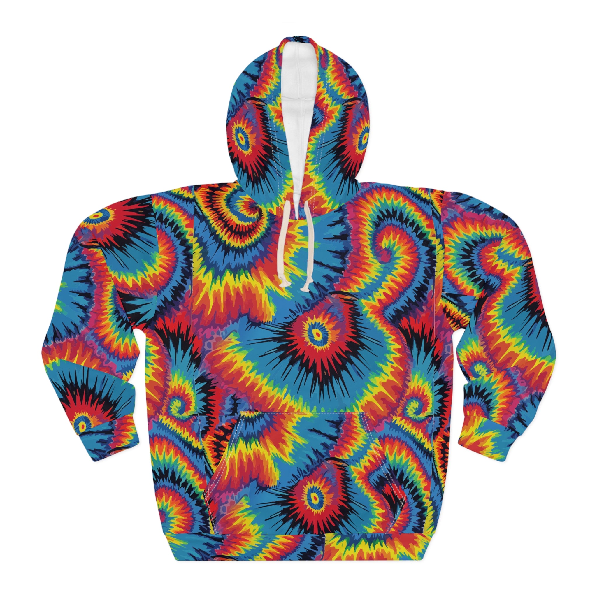Inferno Vortex Tie-Dye AOP Hoodie for Psychedelic Streetwear Collectors — Spiral Rainbow All-Over Print, 95% Poly-Spandex, Festival Groovy Retro Statement Pullover
