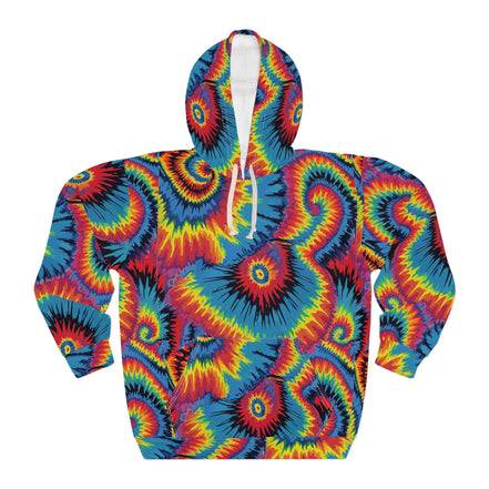 Inferno Vortex Tie-Dye AOP Hoodie for Psychedelic Streetwear Collectors — Spiral Rainbow All-Over Print, 95% Poly-Spandex, Festival Groovy Retro Statement Pullover