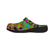 Colorful Mosaic EVA Clog Shoes for Playful Maximalists — Bold Tile-Print Foam Footwear, Anti-Slip Cushioned Sole, Festival Garden Errand Statement Clogs, Black or White Base