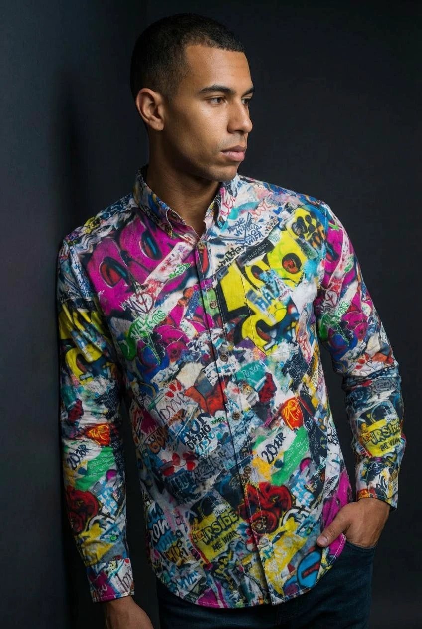 Graffiti Print Cotton Poplin Shirt - Antibacterial Designer Workwear for Creative Directors & Urban Stylists by Aesthetic Rebellion