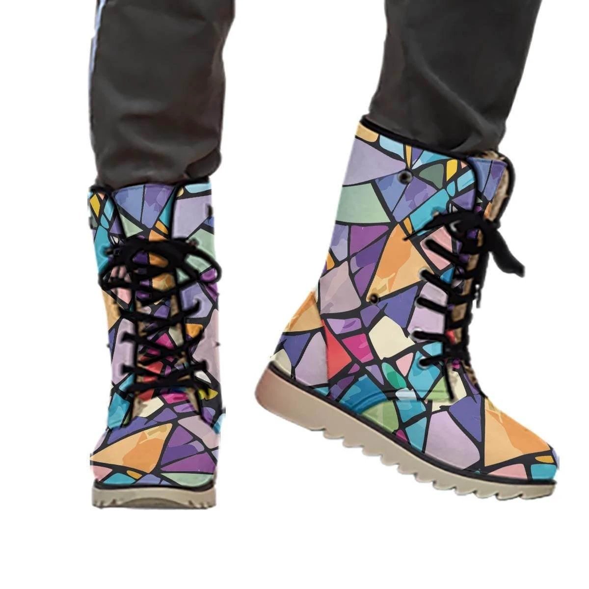 Geometric Prism Print Winter Boots - Warm Velvet-Lined Non-Slip Footwear for Artistic Style by Aesthetic Rebellion