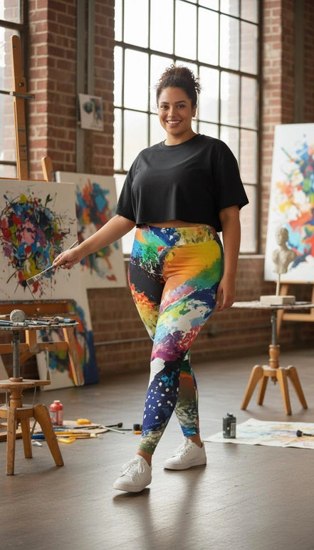 Abstract Expressionist Paint Splash Leggings - High-Waist Plus Size Tights for Bold Fitness by Aesthetic Rebellion