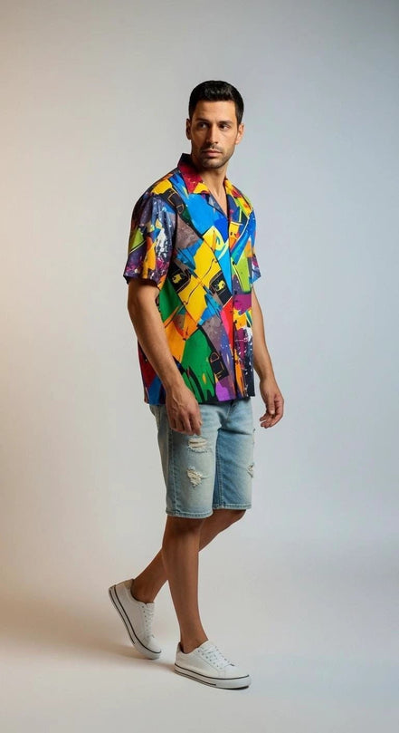 Trippy Tropics Vaporwave Hawaiian Shirt - Vibrational Vector AOP Button-Up for Cyber-Vacation & Festivals by Aesthetic Rebellion