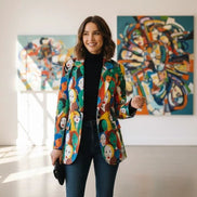 Urban Crowd Faces Designer Blazer - Bold All-Over Print Cotton Suit Jacket for Creatives by Aesthetic Rebellion