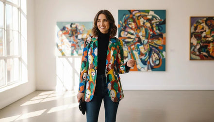 Urban Crowd Faces Designer Blazer - Bold All-Over Print Cotton Suit Jacket for Creatives by Aesthetic Rebellion