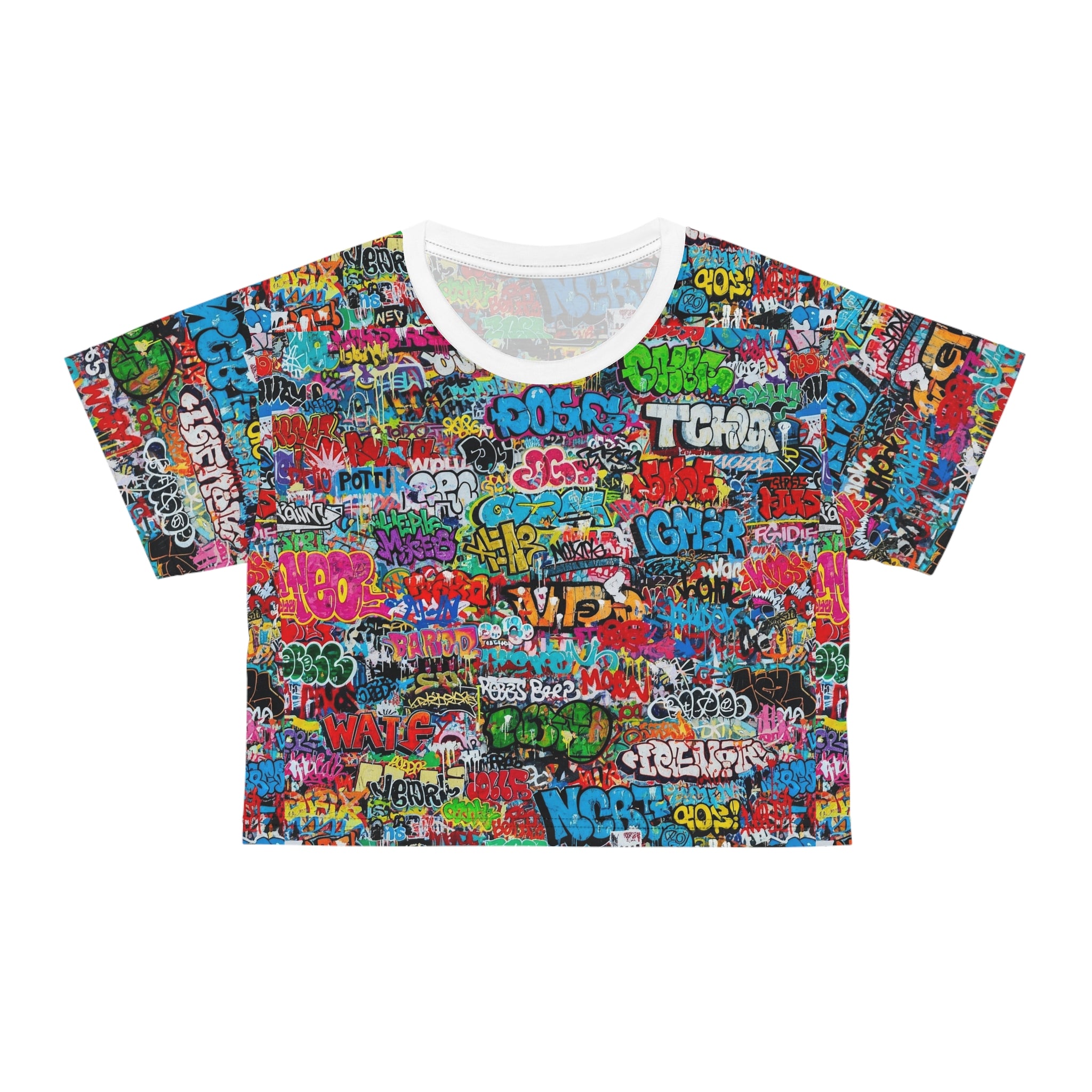 Graffiti Print Crop Tee for Colorful Urban Street Art Dressers — Bold AOP Hip-Hop Crop Top, Festival Party Summer Statement, Skater Youth Fashion Streetwear