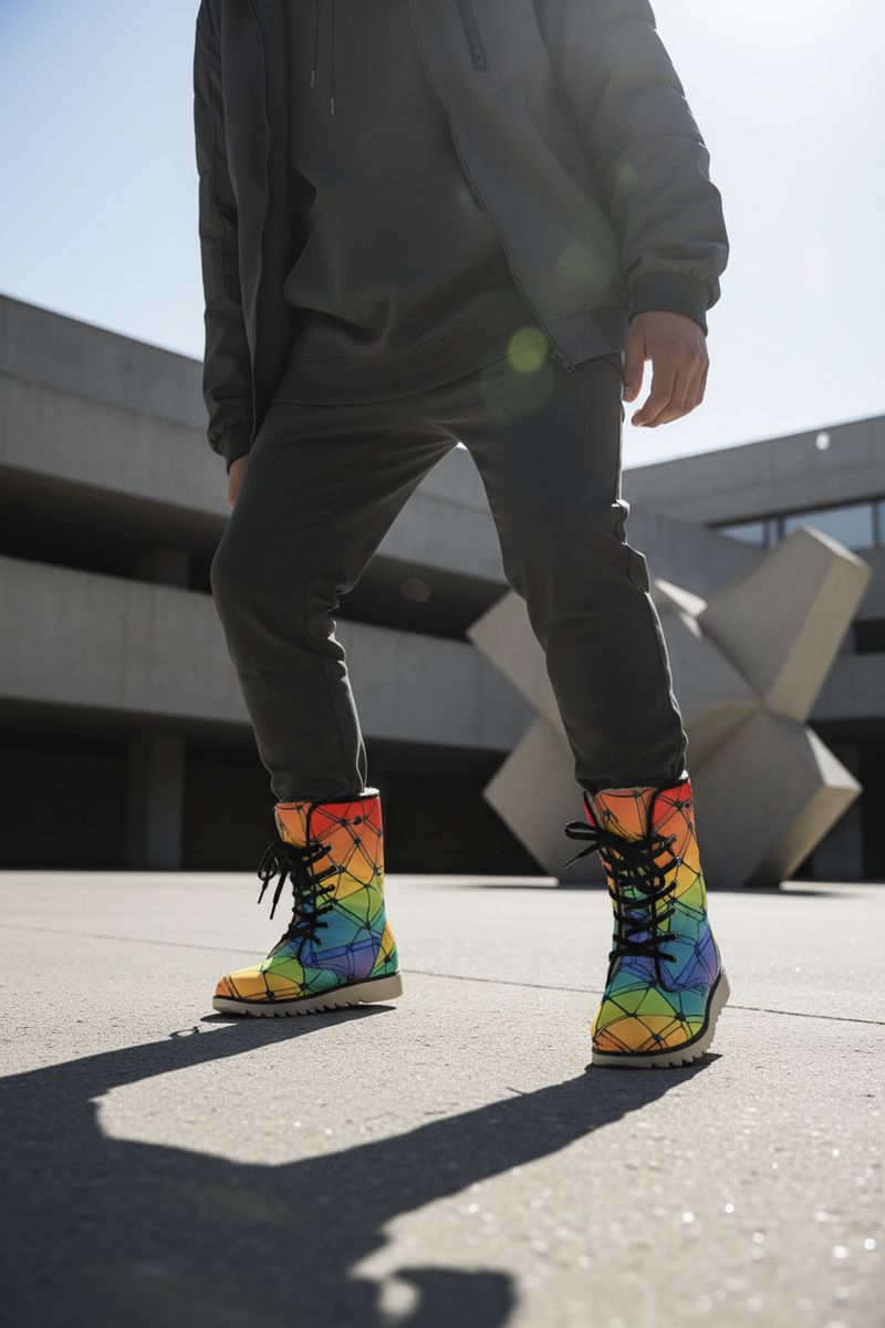 Charismatic Camo Plush Boots for Urban Maximalists — Bold Abstract Print Men's Winter Shoes, Non-Slip Rubber Sole, Warm Tactical Statement Footwear, Wearable Art Boots