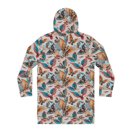 Aviary Bird Print Hoodie Dress for Nature-Forward Dressers — AOP Bird & Botanical Women's Hoodie Dress, Cottagecore Statement, Wearable Field Guide Art, Kangaroo Pocket, S–2XL