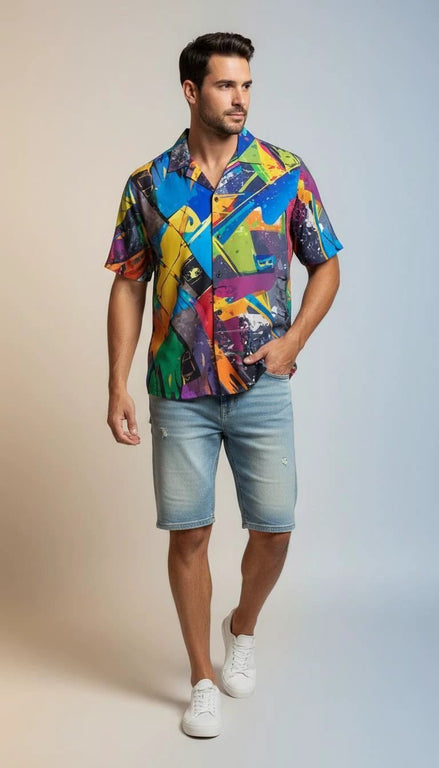 Trippy Tropics Vaporwave Hawaiian Shirt - Vibrational Vector AOP Button-Up for Cyber-Vacation & Festivals by Aesthetic Rebellion