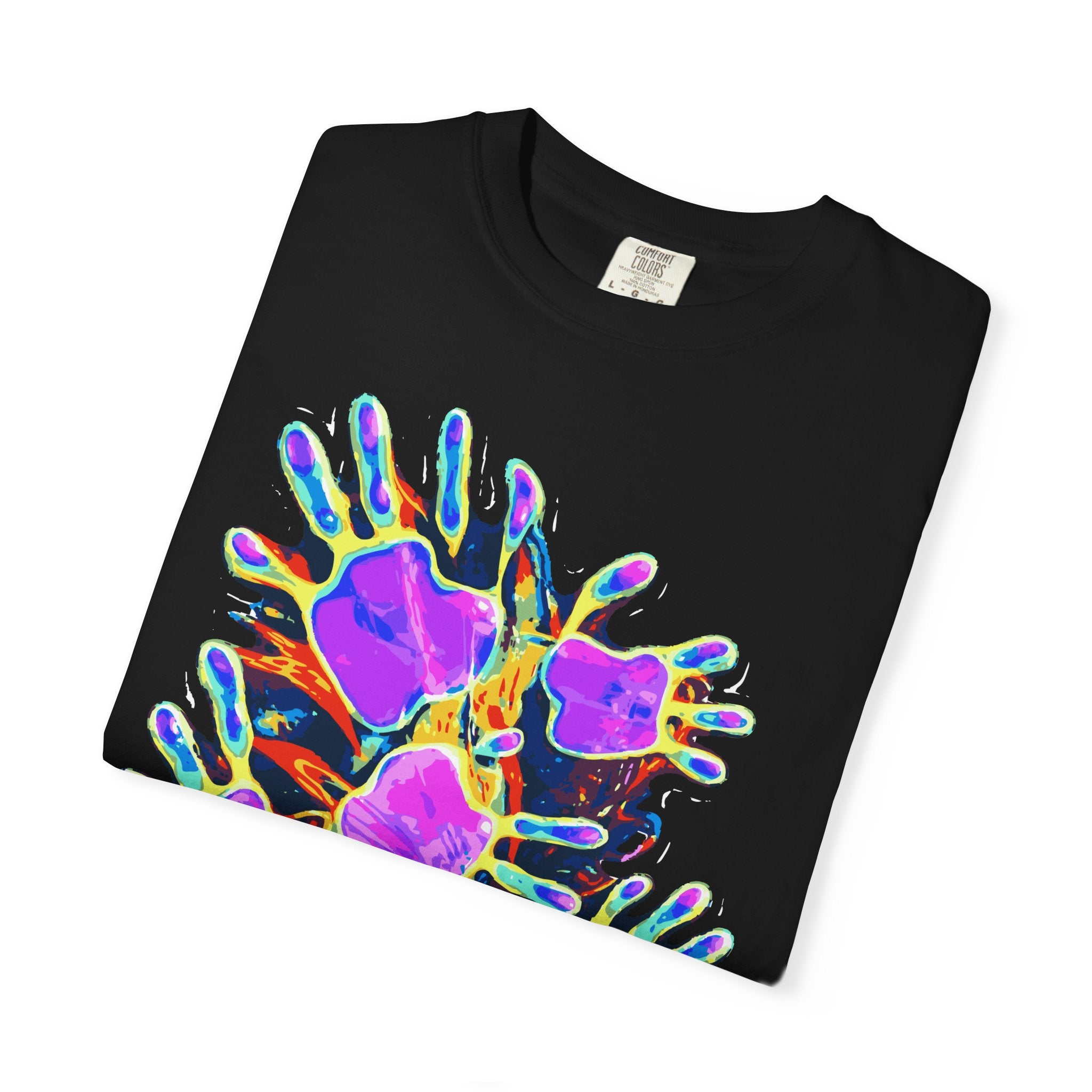 Dyles Mavis Handprint Psychedelic Neon T-Shirt for Bold Streetwear Collectors — Premium Heavyweight Cotton Original Art, Oversized Statement Tee, Unisex