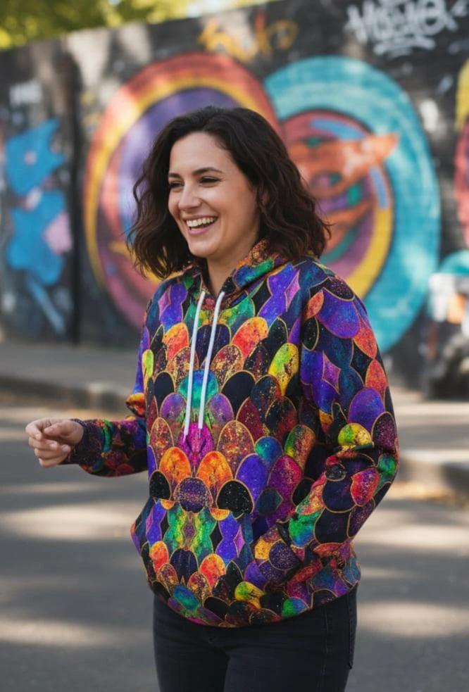 Rainbow Fish Primal Print Hoodie - Vibrant Aquatic Art Sweatshirt for Bold Streetwear by Aesthetic Rebellion