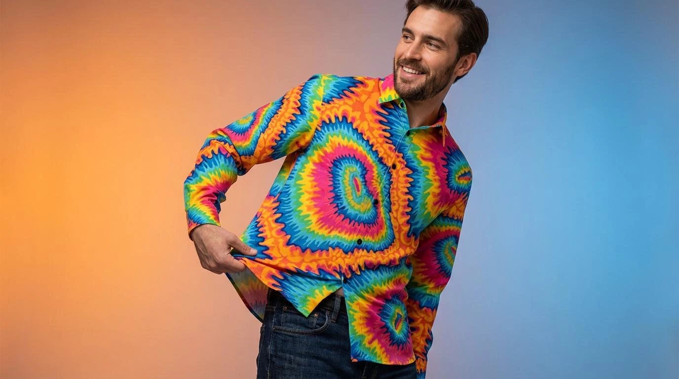 Psychedelic Rainbow Spiral Tie-Dye Shirt, Groovy Vibrant Button-Down - Aesthetic Rebellion