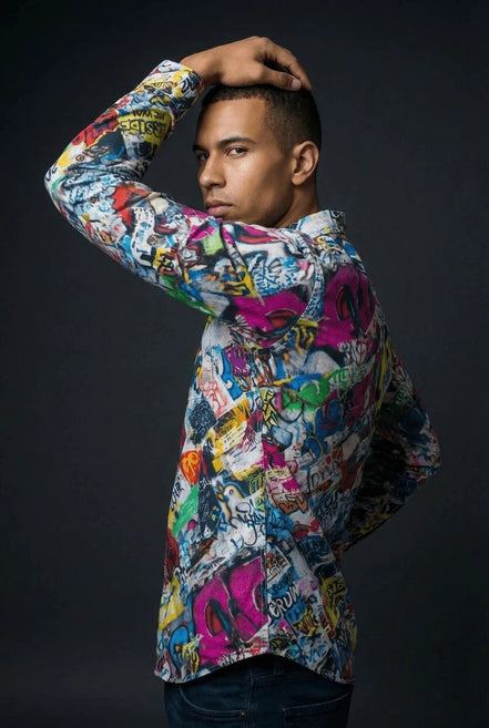 Graffiti Print Cotton Poplin Shirt - Antibacterial Designer Workwear for Creative Directors & Urban Stylists by Aesthetic Rebellion