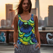 Botanical Abstract Floral Tank Top - Blue & Green Sleeveless AOP Shirt for Nature Lovers by Aesthetic Rebellion
