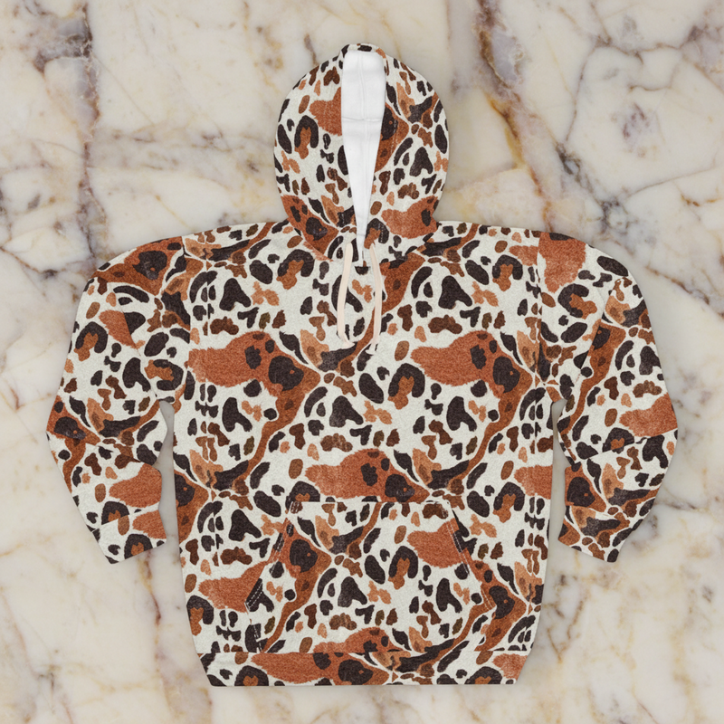 Leopard Spot AOP Hoodie for Animal Print Maximalists — Brown Cream Wild Print Pullover, Autumn Street Style Statement, Cozy Unisex Gift for Her or Him