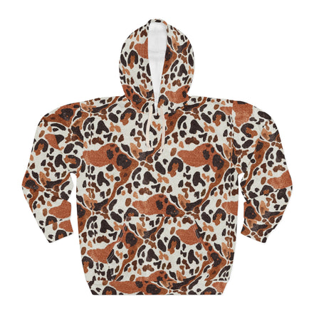 Leopard Spot AOP Pullover Hoodie for Wild Street Style Dressers — Brown Cream Animal Print, 250gsm Poly Cut-and-Sewn, Fall Autumn Cozy Unisex Statement Sweatshirt