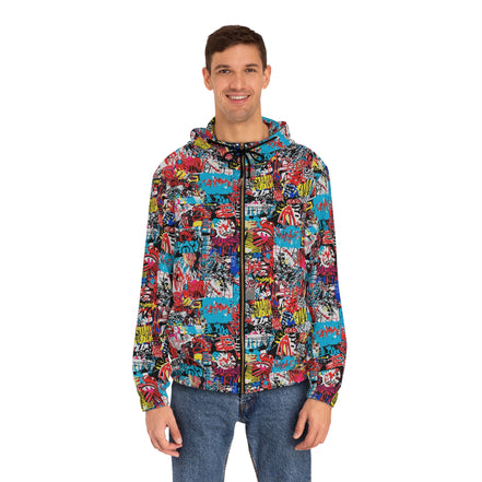 Graffiti Collage Full-Zip Hoodie for Streetwear Collectors — Layered AOP Urban Art Statement, Lightweight Festival Layer, Commuter Skater Bold Outerwear, Men's Print Zip