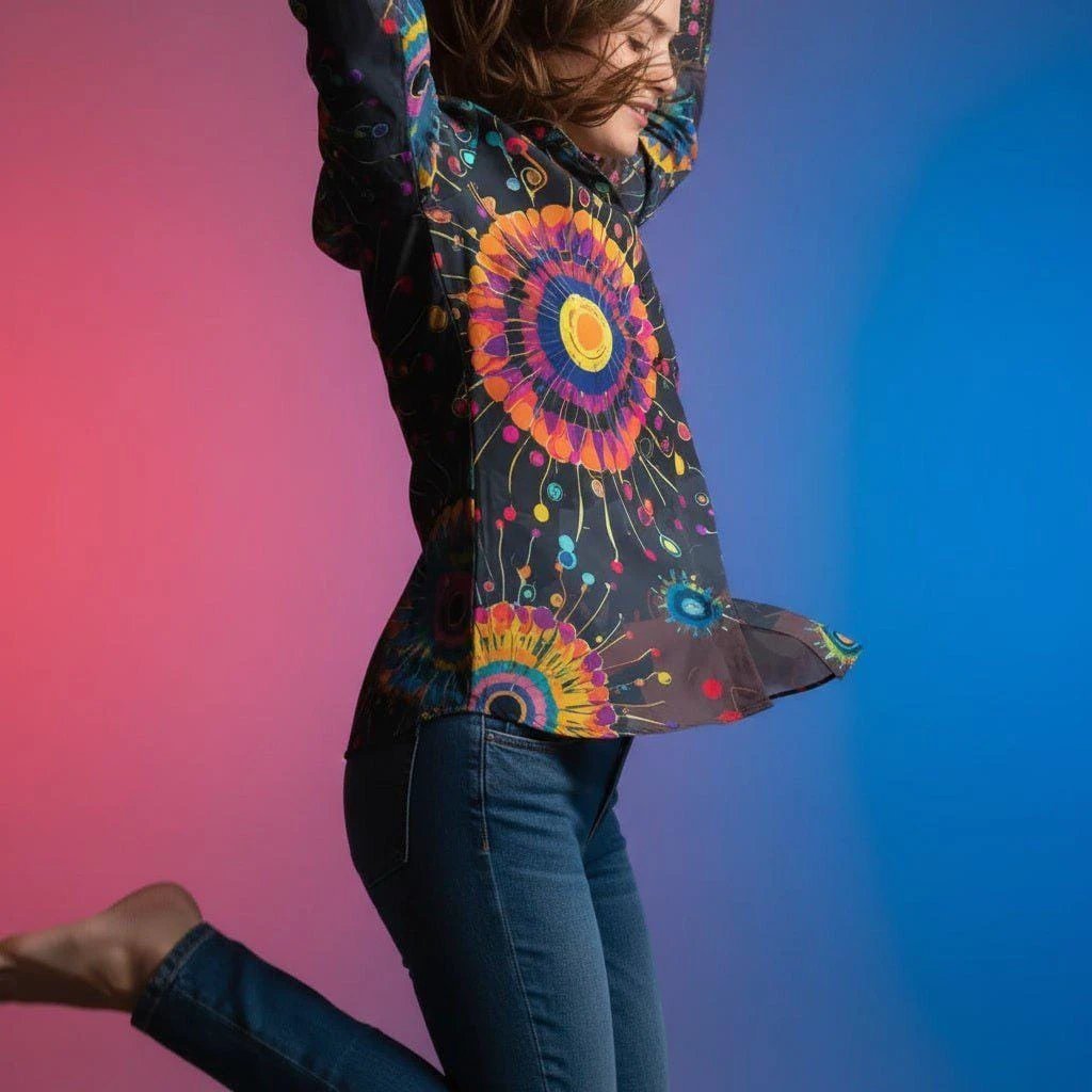 Artisan Cotton Button-Down Shirt - Vibrant All-Over Print Comfort Top for Designer Lounging by Aesthetic Rebellion