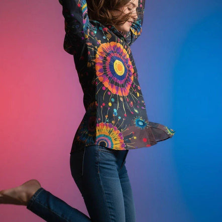 Artisan Cotton Button-Down Shirt - Vibrant All-Over Print Comfort Top for Designer Lounging by Aesthetic Rebellion